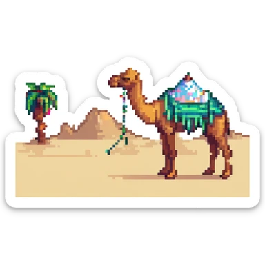 pixel art camel with Saudi desert background sticker