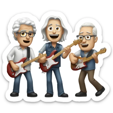 Three older white musicians jamming. one on guitar, one on a Fender bass and one on cowbell sticker