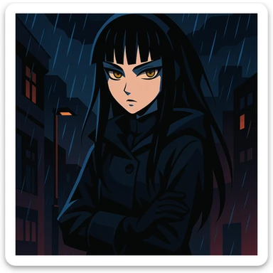 gothic shoujo anime girl named EchoMoon, long black hair, sharp bangs, pale skin, amber green eyes, cold expression, dark raincoat, gloves, standing in rainy urban setting, dramatic lighting, ultra-detailed, moody, dark palette sticker