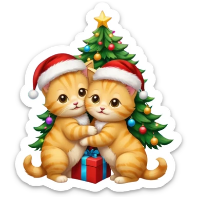 2 hazel eyed cute hugging happy fluffy gold kittens with Santa hats by a colorful multicolored brightly lit up Christmas trees sticker