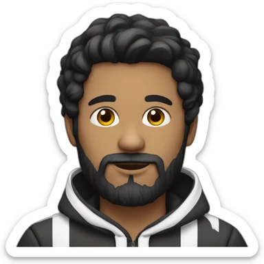 Man with dark hair and beard, black and white striped hoodie sticker