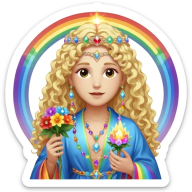a being made of light pleidian nordic long faces and curly huge thick blond hair but beautiful features of light wearing jewels and a rainbow halo like a saint arount her a robe on made of light and gem  transparent belly dancer and who is lanky holding a bouquet of crystal flowers on rainbow fire sticker