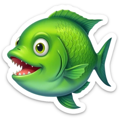 super derpy bright green fish shown from side profile facing right, but with both bulging eyes comically looking at viewer, buck teeth, drooling mouth, flat 2D side view only sticker