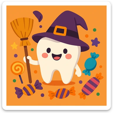 cheerful cartoon style of a tooth wearing a witch hat and holding a broom, surrounded by Halloween candies sticker