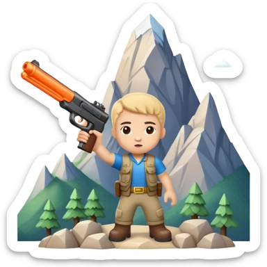 Little character holding a toy gun aiming at a mountain with tiny figures on it sticker