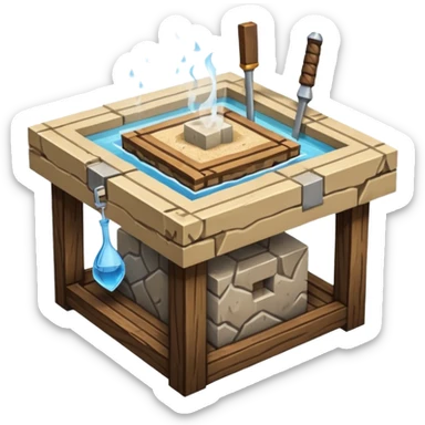 crafting table with tools, stone, wood, glass, sand, steam, water... like a minecraft style cube crafting table 100% like a minecraft table crafting, with on the right, left, a glass showing crafting merging between stone and wood sticker