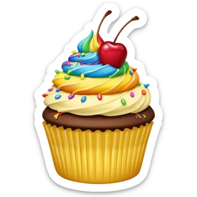 Vanilla cupcake with yellow frosting, chocolate  drizzle, rainbow sprinkles & a cherry on top  sticker