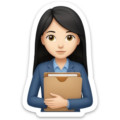 a light tan woman with long black hair past mid-back, round brown eyes and manila folder in her hands sticker