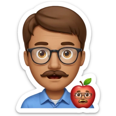 2D apple emoji style man with light skin, brown hair, mustache, glasses, surprised expression sticker