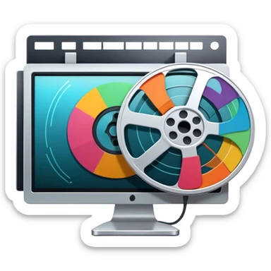 Create a vibrant and modern icon representing Animation and Motion Design, featuring elements like a film reel, a computer screen, and dynamic motion lines. The design should be visually engaging, colorful, and dynamic, without any emojis. The background must be transparent. sticker