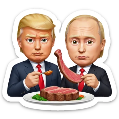 photorealistic Donald Trump and Putin eating a steak shaped like an piece of landemoji sticker
