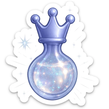 modernus galutinis prabangus itin mažas eliksyro buteliukas, karūnos forma viršuje, spalva #7986cb, apačia apvali ir uždara, sklandžiai susijungia su karūna, visas buteliukas atrodo tarsi plūduriuotų ir sklaidytųsi ore, ryškios sidabrinės ir holografinės detalės, stiprūs magiški efektai, labai mažas kaklelis, skaidrus fonas, vientisa apvali apačia, be šešėlio, kolekcijos stilius, dar mažesnės proporcijos sticker