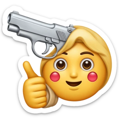 Un emoji normal que se muerde el labio, tiene los ojos cerrados y se apunta al brazo con la mano en forma de pistola sticker