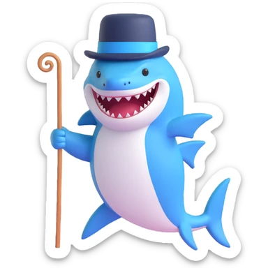 Add a cane to the cute blue shark in a top hat, keep the 3D emoji style, no background. sticker