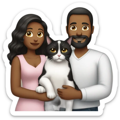 Family photo a fat husband with a beard is holding a white cat and wife with straight hair is holding a black cat sticker