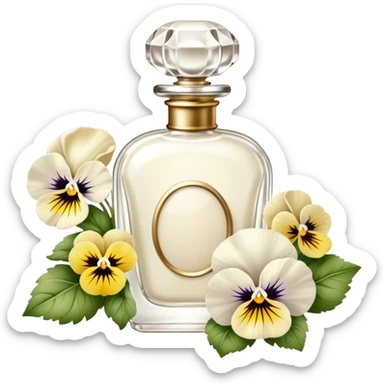 pearl white vintage-style perfume bottle and ivory-colored pansies  sticker