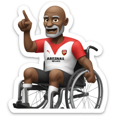 old black bald man with a round belly in wheelchair. angry face. grey stubble. he is pointing finger in front. wearing Arsenal soccer shirt. a speech bubble with the word: "Mojdeh!" sticker