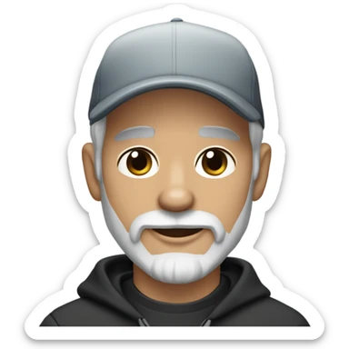 Handsome man with blue eyes wearing ball cap with grey hair and goatee beard holding all black long haired chihuahua sticker