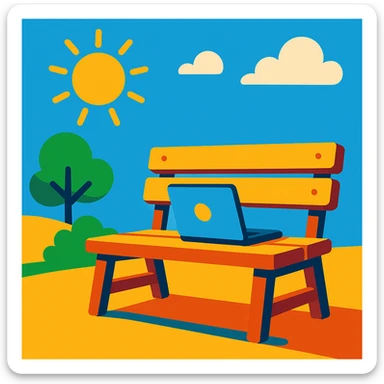 a bench in the sun with a laptop, vibrant illustration sticker