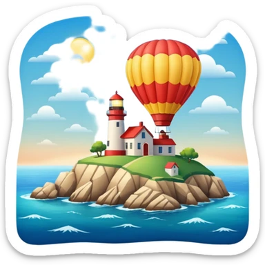 Hot air balloon above a scenic ocean with a lighthouse sticker