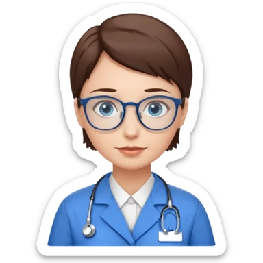 Blue eyes very short brown hair with glasses woman in care assistant blue uniform sticker