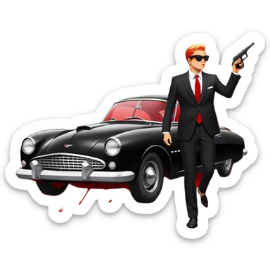 Icon for 'Reservoir Dogs' Movie: Silhouettes of characters in suits with sunglasses, dramatic lighting, a bullet-riddled car, and red splashes symbolizing chaos. Vintage, bold cinematic style with high contrast. Transparent background. sticker