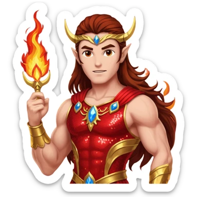 Vulcan, God of Fire from Gods and Goddesses with long brown hair, fiery red sequin outfit sticker