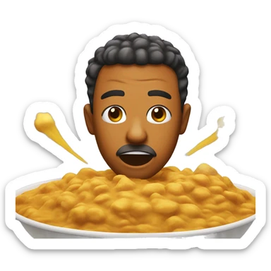 An exploding head emoji, but it's a tiny guy with darker skin that enjoys a curry on a Sunday night sticker