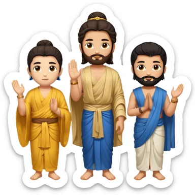 Create a Jesus, Krishna, and Buddha standing together. Buddha: warm golden or light tan skin, dark curled hair with a traditional top bun (ushnisha), half-closed meditative eyes

 sticker