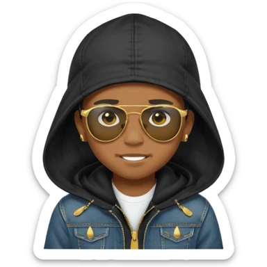 un emoji de un chico emcapuchado, con gorro kalenji, dientes de oro, com uma jaqueta denim tears preta e uns oculos da oakley sticker