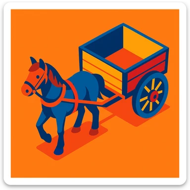 isometric horse and cart, bold colors, stylized, cartoonish sticker