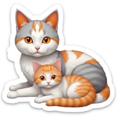 full body of a grey and white cat cuddling a very small + skinny ginger and white kitten with deep orange eyes and triangular shaped face lying down sticker