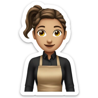 girl with brown hair tied in a ponytail, wearing black gloves, black clothes and an apron sticker