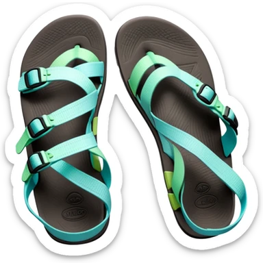 Chaco sandal with toe loop, black footbed, light blue and light green straps sticker
