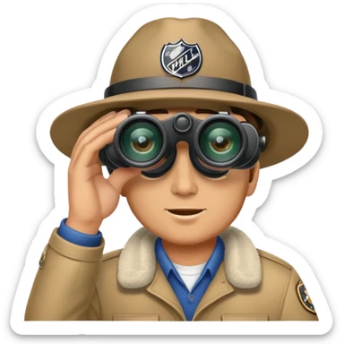 Man with binoculars wearing hat that says nhl scout  sticker