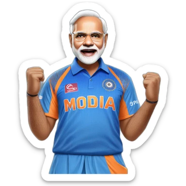 hyper realistic narendra modi celebrating in blue indian cricket team jersey sticker
