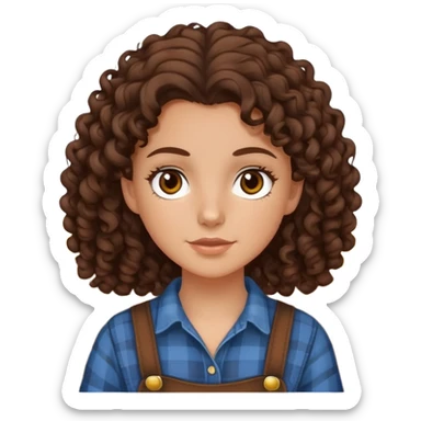 white girl with dark brown curly hair, brown eyes, wearing farm clothes sticker