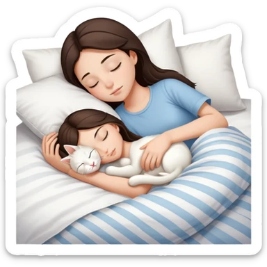 side view brunette teenage girl sleeping with white cat that has beige stripes on a white pillow with white sheets sticker