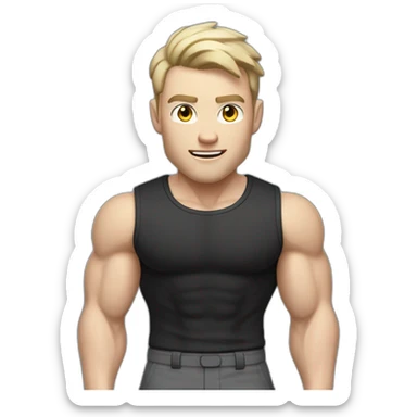 amazed Pale skinned Fit Man With the biceps and dark brown hair in black shirt, gray sports shorts and white Sneakers sticker