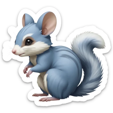 Blue-pointed, grey, soft natural realistic romantic vintage antique divine beautiful elegant pretty precious cute young youthful  Fakémon-Pokémon-alien-opossum-squirrel-feline-chinchilla-Minccino-Cinccino-Meowstic-rodent-hybrid-creature with a big fluffy bushy tail (full body) sticker