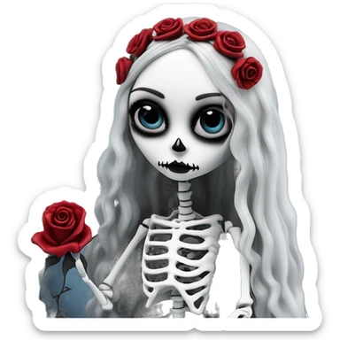 full height skeleton, tim burton "corpse bride", thin porcelain doll with a cracked face, goth makeup watery eyes, long hair, lace and ruffles, lolita style, inked, black and white, red roses, gothic castle with roses sticker