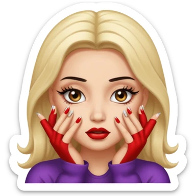 Baddie with hands pressed to cheeks, long nails, long lashes and l sticker