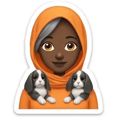 Black Muslim girl holding her 3 cute orange, gray, and mix colored holland lop sticker