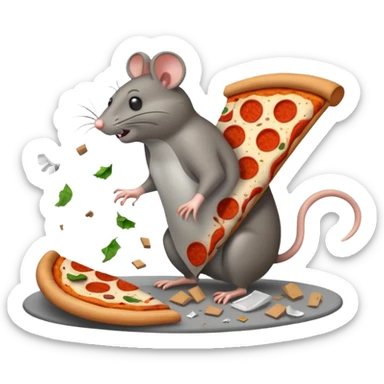 emoji-style icon of a pizza restaurant with a pizza slice sign, a massive rat in front of the building, trash and garbage everywhere, flies buzzing, unsanitary, clear at small size, no text sticker