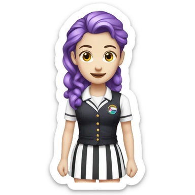 Emma Myers with rainbow hair pale skin wearing purple with black stripes uniform vest and skirt sticker