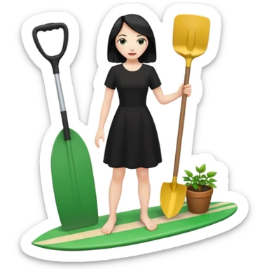 Princess who wearing black dress (woman) black hair holding her phone and a gardening shovel with another hand. She is standing on her feet, there is one green surfing board. sticker