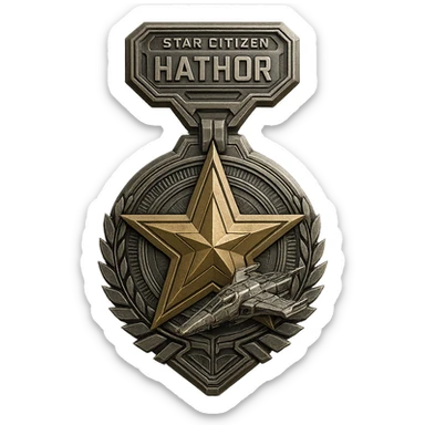 sci-fi medal for Star Citizen Hathor activity, features a star and spaceship, metallic look, futuristic, intricate details, for digital achievement sticker
