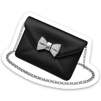 ultra detailed realistic Jimmy choo New Season: Soft card holder with chain, 
black Satin Cardholder with statement crystal-embellished bow. With silver-tone chain, envelope-style flap for functionality, render, 4k, 8000x8000 pixels, 300 dpi, no emoji faces or emoji icons, no human  sticker