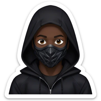 man with black hooded jacket and a full-black full-face geometric mask sticker