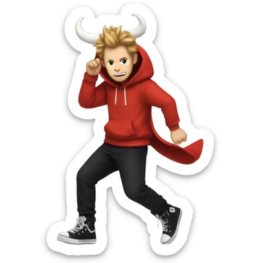 Tord has red hoodie and black pants and black and white shoes and horns in his hair  sticker